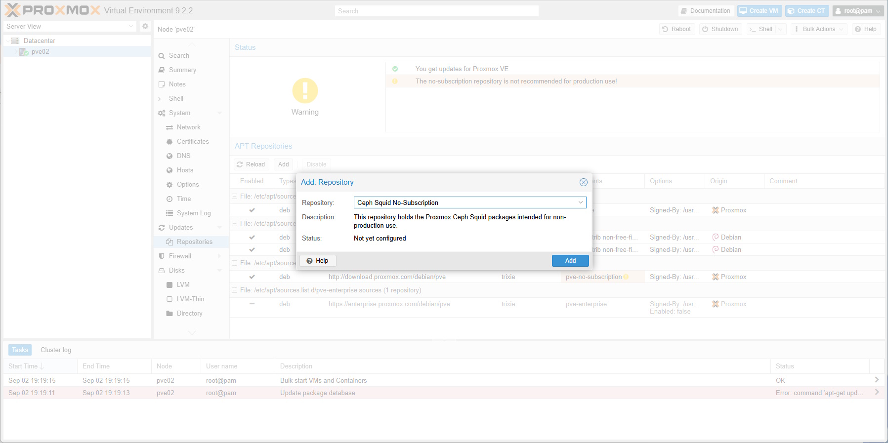 Promox VE 9.2 Ceph Squid No-Subscription