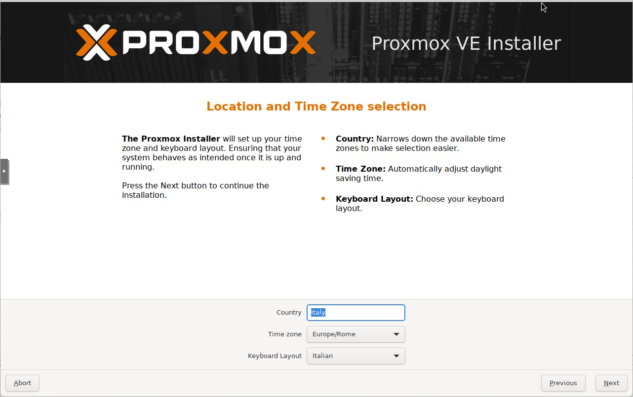 Promox VE 9.2 Location selection