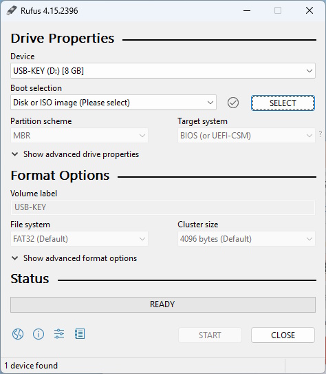 Rufus USB key selected